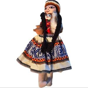 Vtg Handmade 15” Soft Body Native Woman Traditional Dress 3 Babies Terracotta